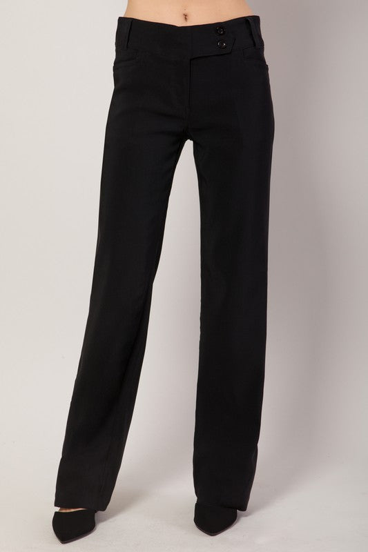 Relaxed Fit Boot Cut Stretch Trouser Pants Features:   Featuring: Functional belt loops, Zip front, Double buttons on the front, High waist, Front pockets Size Information: XS= (Size 2), S= (Size 4), M= (Size 6), L= (Size 8),1X= (Size 10),2X= (Size 12) Care Instruction: HAND WASH COLD. HANG DRY. Model Specs: Height: 5'8" / Bust: 34C / Waist: 24" / Hips: 34" Fabric: 78% Polyester, 17% Rayon, 5% Spandex