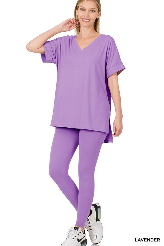 BRUSHED DTY MICROFIBER LOUNGEWEAR SET  BUTTERY SOFT PERFECT STRETCH & RECOVERY TOP  TOTAL BODY LENGTH: 28"(front), BUST: 43" approx. MEASURED FROM SMALL LEGGINGS  TOTAL WAIST: 22", INSEAM: 25" approx. MEASURED FROM SMALL Fabric: 90% Polyester; 10% Spandex Color may vary slightly due to monitor resolution
